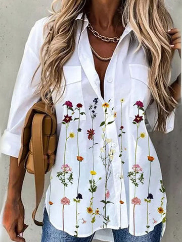Woochic blouses imprimé à fleurie boho boutonnage avec poches col chemise femme élégant Blanche S